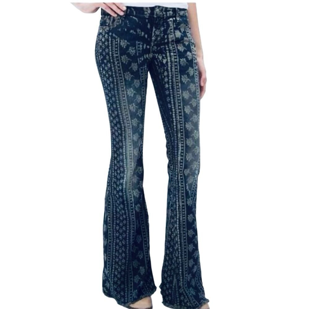 Hot Kiss Nina Flare Low Rise Boho Patterned Raw Hem Jeans Size 5